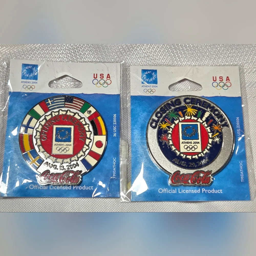 ATHENS OLYMPICS 2 PINS COCA COLA OPENING CLOSING CEREMONIES FLAG OF NATIONS NEW - Picture 1 of 5